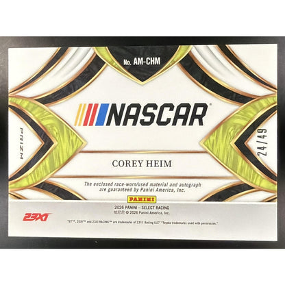 2026 Panini Select NASCAR Corey Heim #AM-CHM Auto Memorabilia Red Prizms /49 MEM