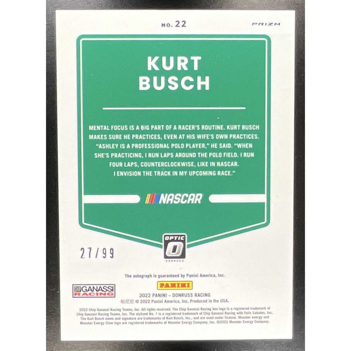 2022 Panini Donruss Kurt Busch #22 Optic Signatures Holo 27/99 Auto