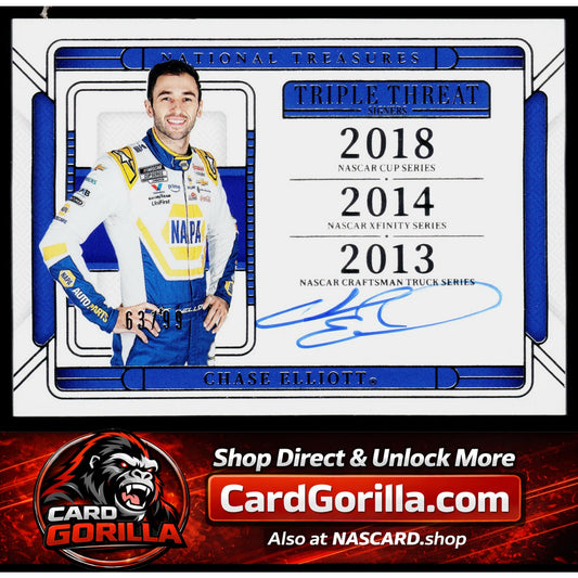 2025 Panini National Treasures #TTS-CET Chase Elliott Triple Threat Signers #/99