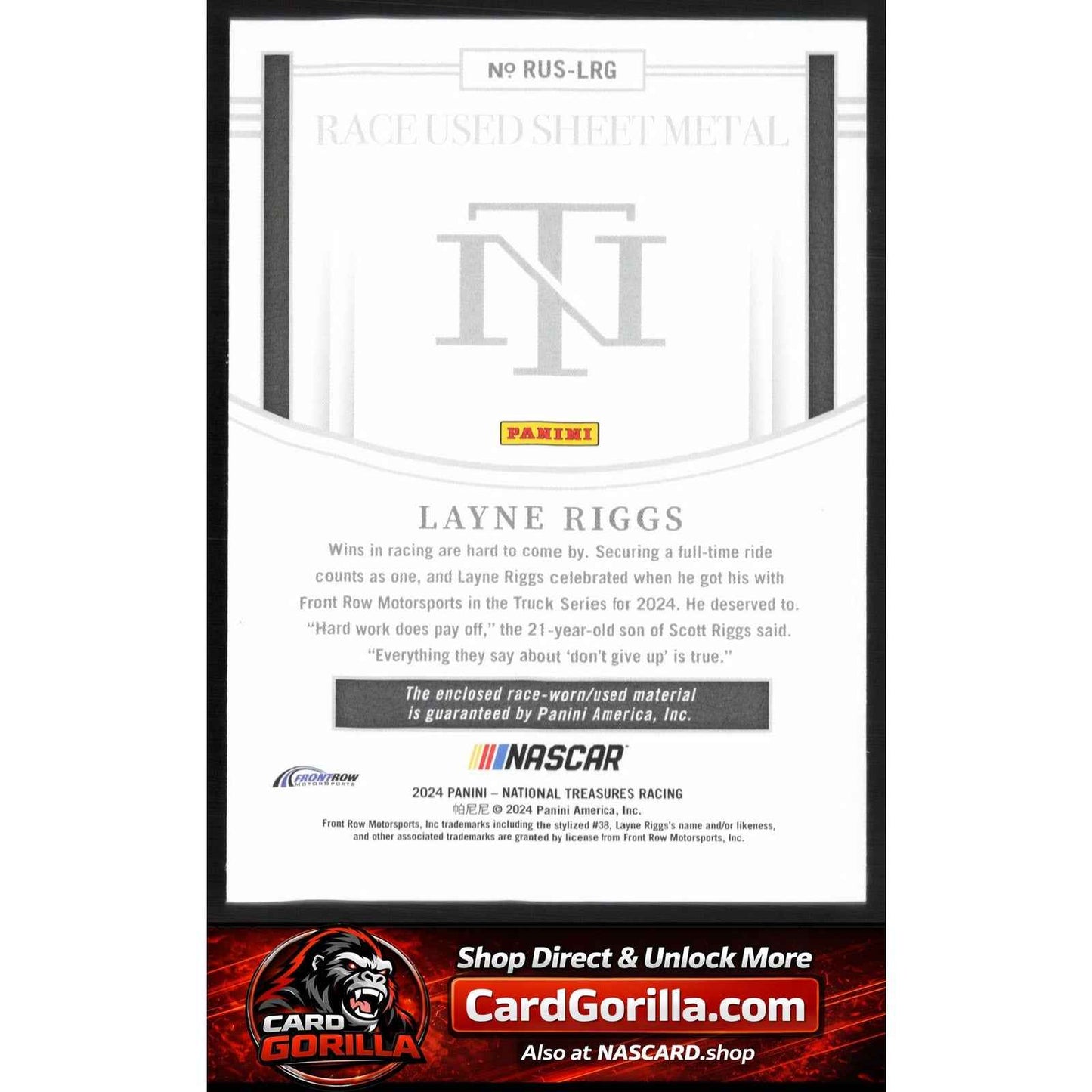 2024 Panini National Treasures #RUS-LRG Layne Riggs Race Used Sheet Metal #/99