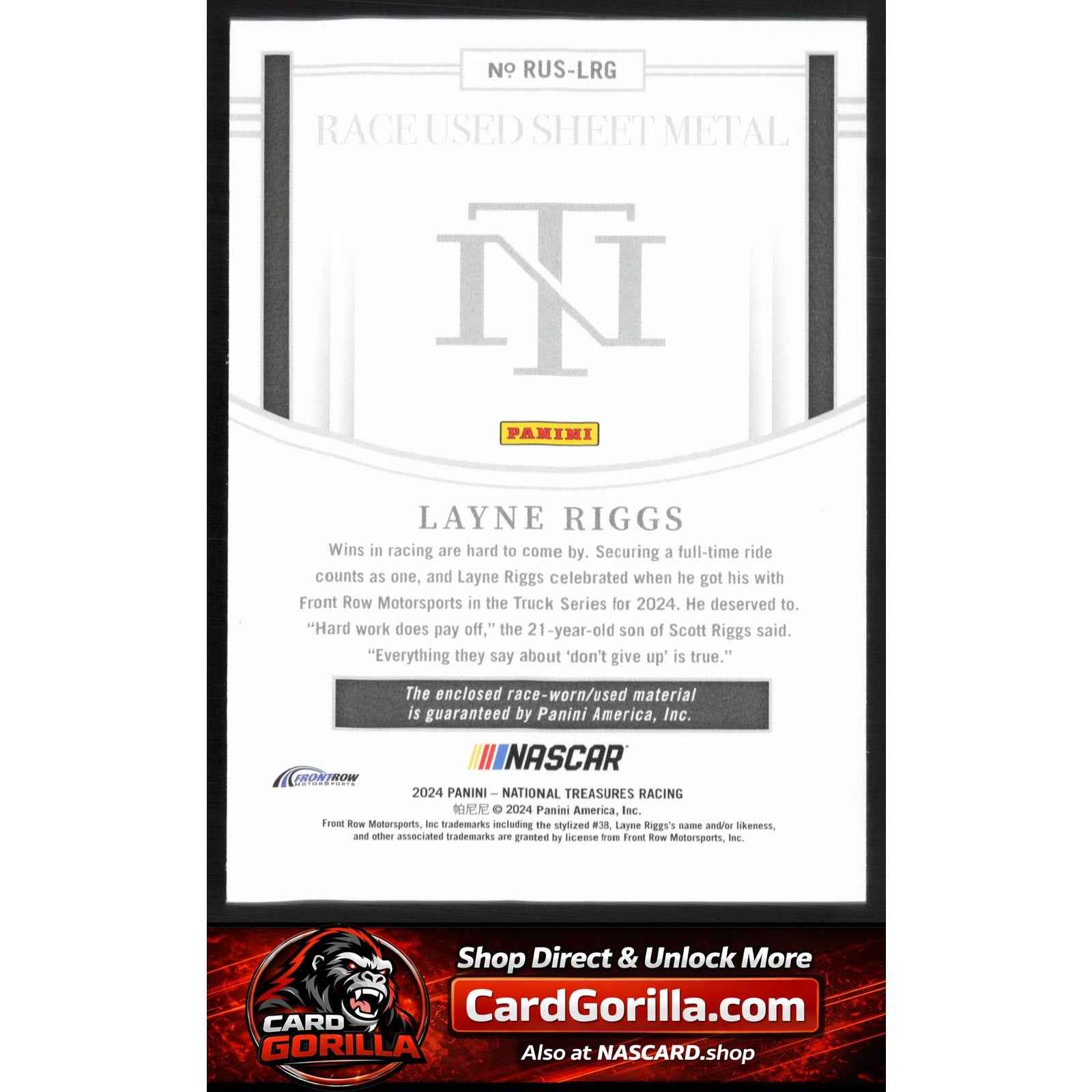2024 Panini National Treasures #RUS-LRG Layne Riggs Race Used Sheet Metal #/99