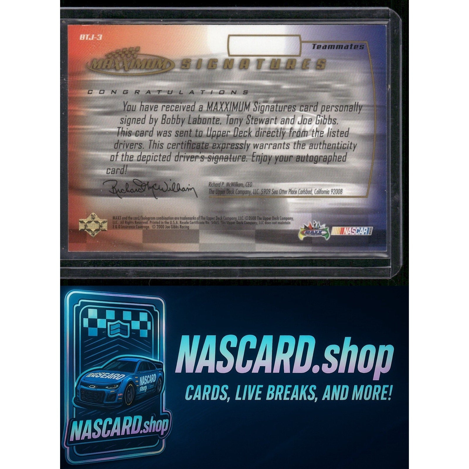 2000 Maxximum #BTJ-3 Bobby Labonte/Tony Stewart/Joe Gibbs Signatures - Card Gorilla