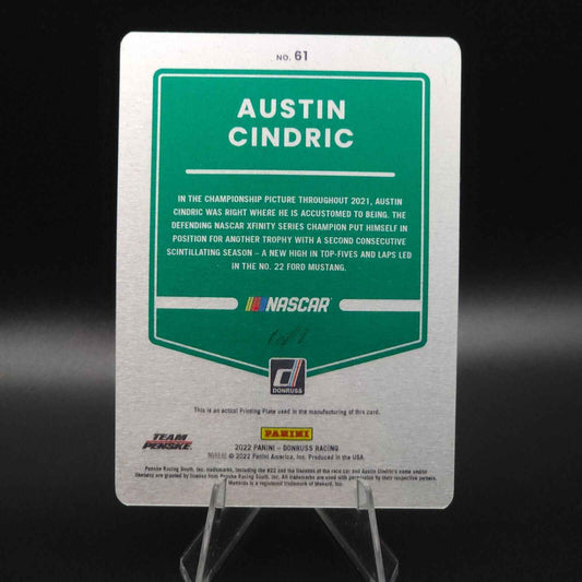 2022 Panini Donruss NASCAR - Austin Cindric #61 Printing Plate 1 /1 - NASCARD.shop