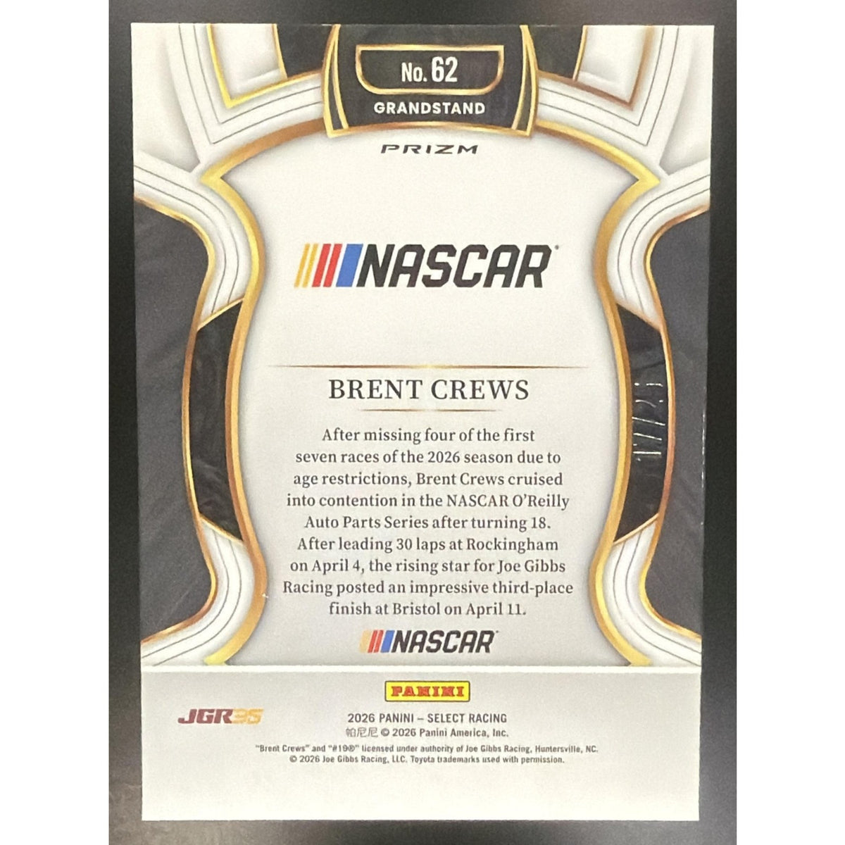 2026 Panini Select NASCAR Brent Crews #62 Set - Grandstand Tie-Dye Prizms /25