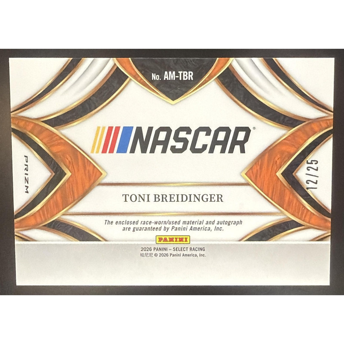 2026 Panini Select NASCAR Toni Breidinger Auto Memorabilia Tie-Dye Prizms /25