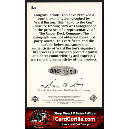 1996 Upper Deck Road to the Cup #H21 Ward Burton Autographs