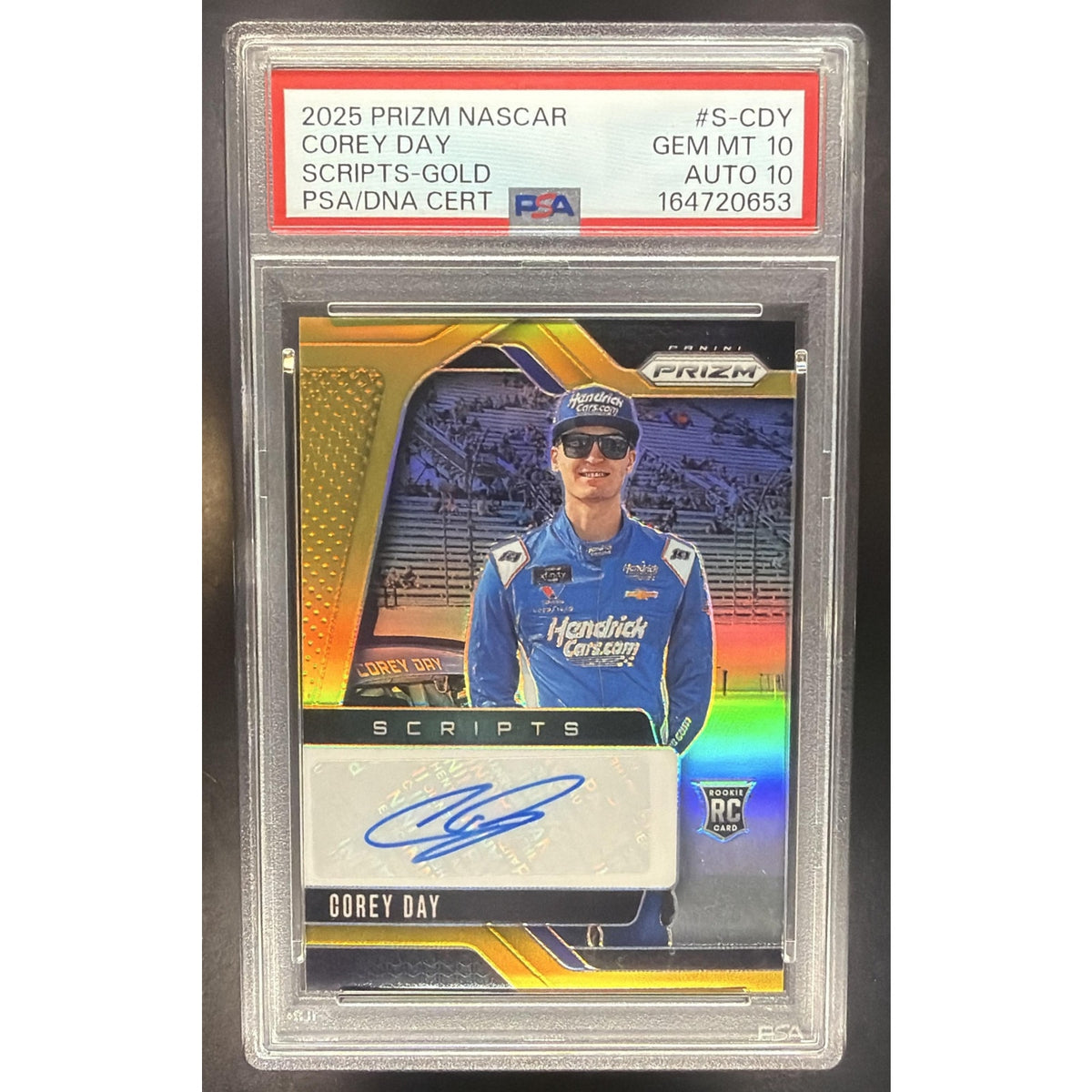 2025 Panini Prizm NASCAR Corey Day Scripts Gold Prizms RC /10 PSA 10 AUTO 10