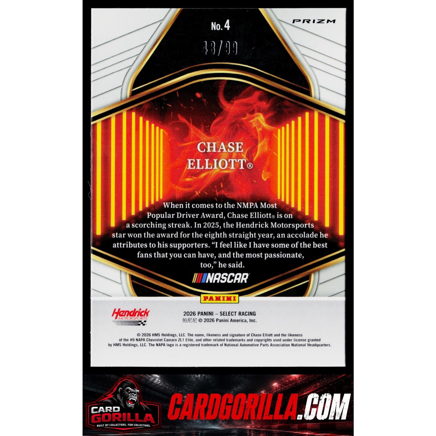 2026 Panini Select #4 Chase Elliott En Fuego Red Prizms #/99