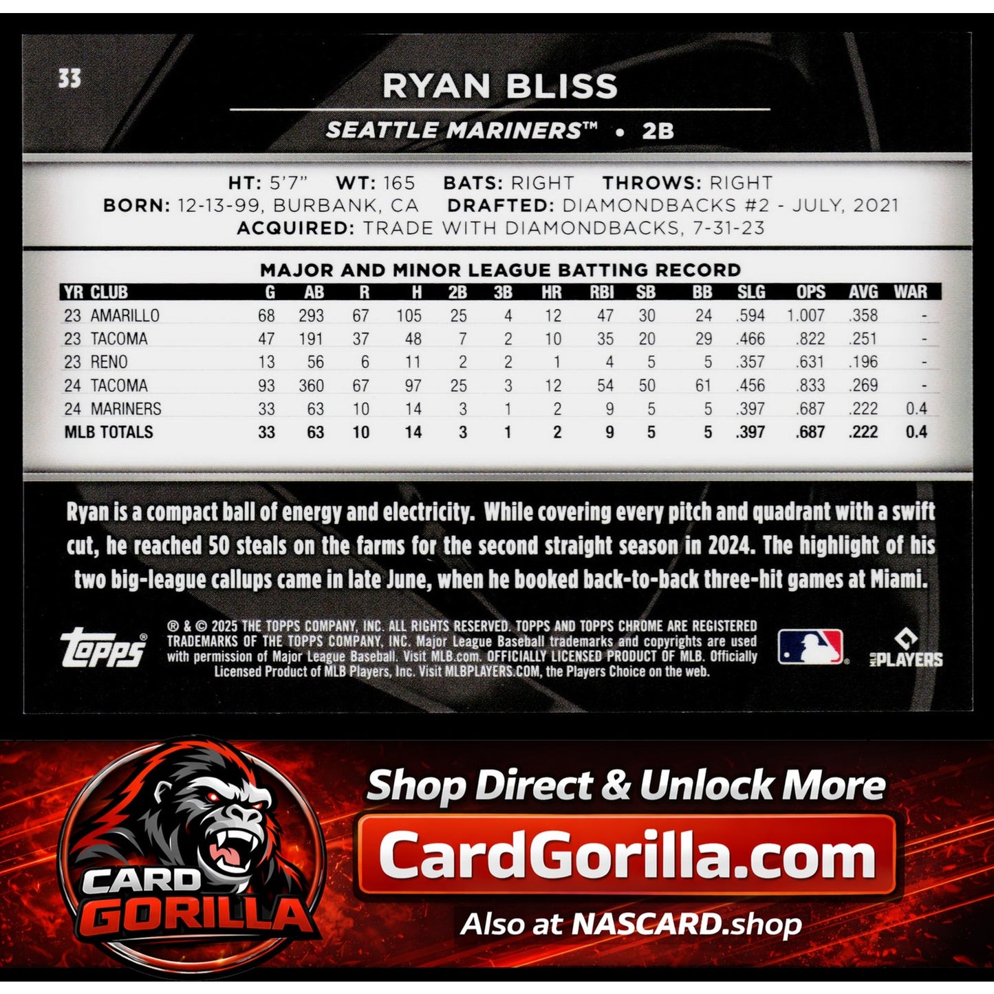 2025 Topps Chrome Black #33 Ryan Bliss Gold #/50