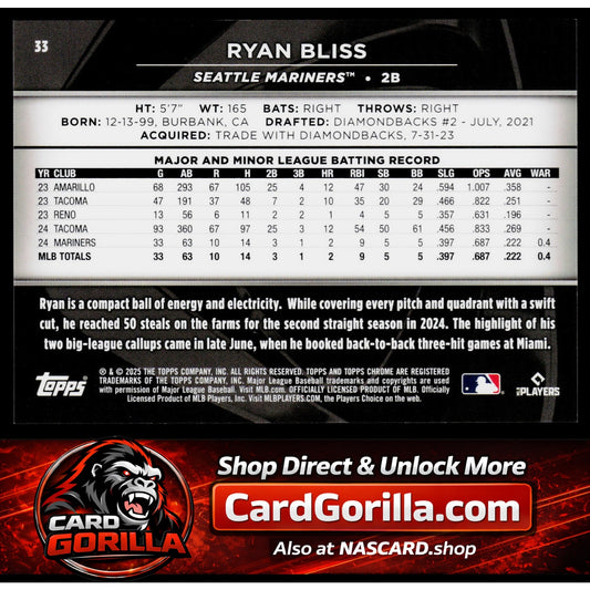 2025 Topps Chrome Black #33 Ryan Bliss Gold #/50