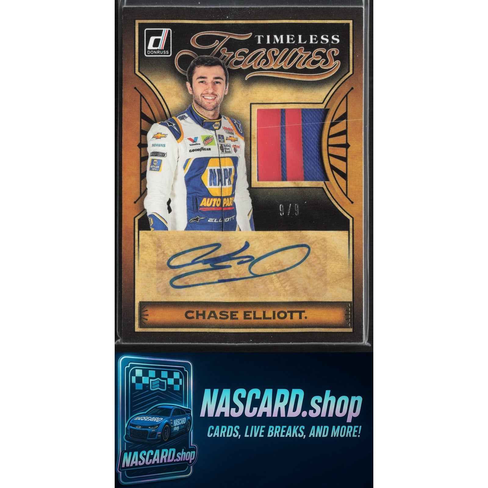 2020 Donruss Chase Elliott Timeless Treasures Material Signatures Holo Gold #9/9