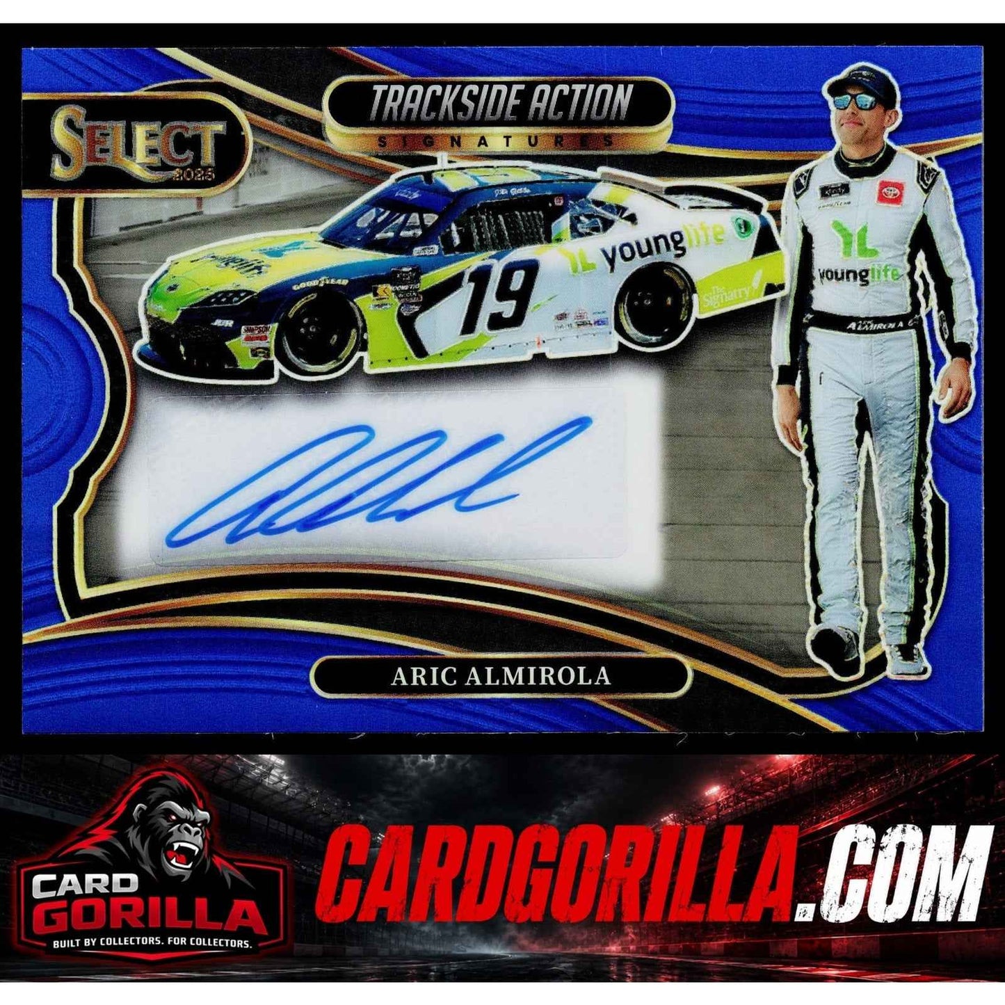 2025 Panini Select Aric Almirola Trackside Action Signatures Blue Prizms #/99