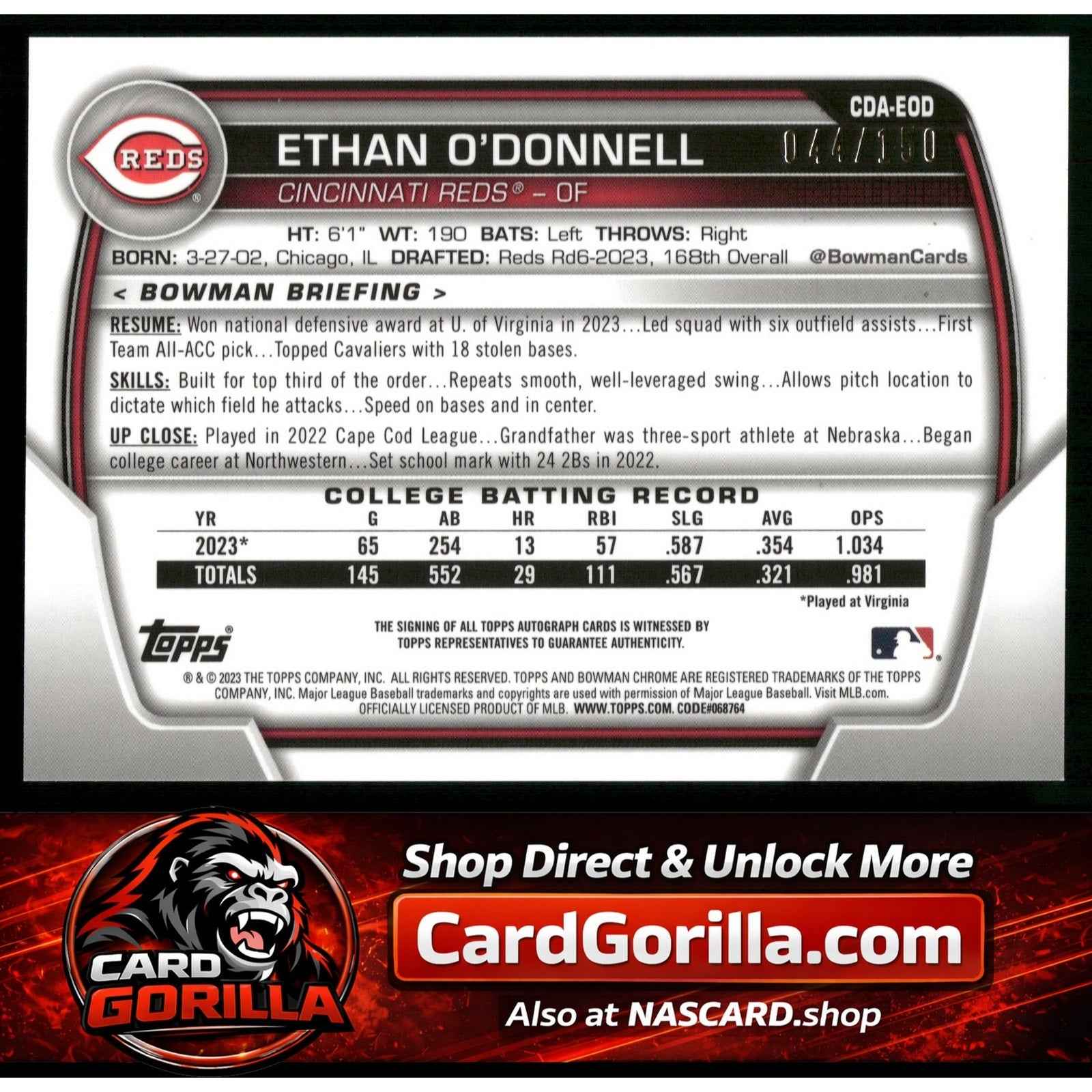 2023 Bowman Draft Ethan O'Donnell Chrome Prospect Autographs Blue Refractor /150
