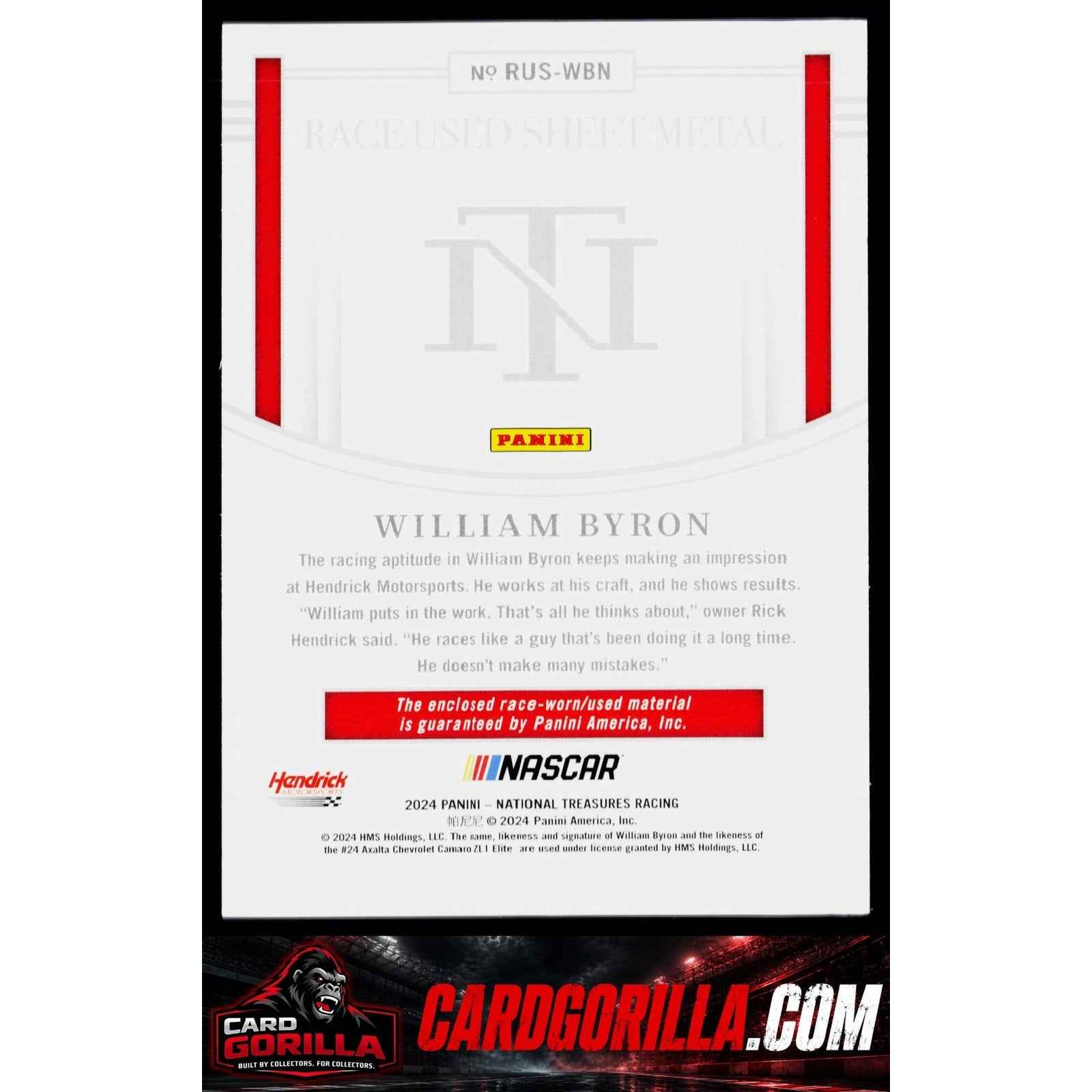 2024 Panini National Treasures #RUS-WBN William Byron Race Used Sheet Metal #/99