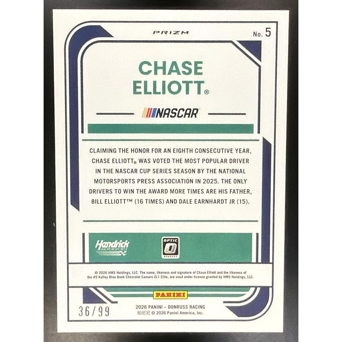 2026 Panini Donruss NASCAR Racing Chase Elliott #5 Optic Carolina Blue Wave /99