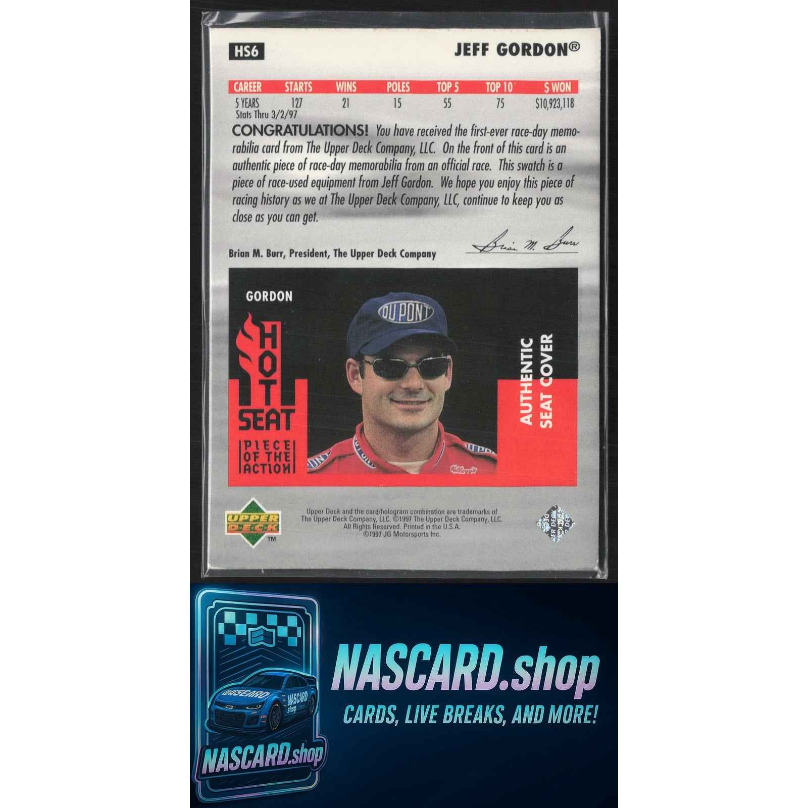 1997 Upper Deck Road to the Cup #HS6 Jeff Gordon Piece of the Action Hot Seat