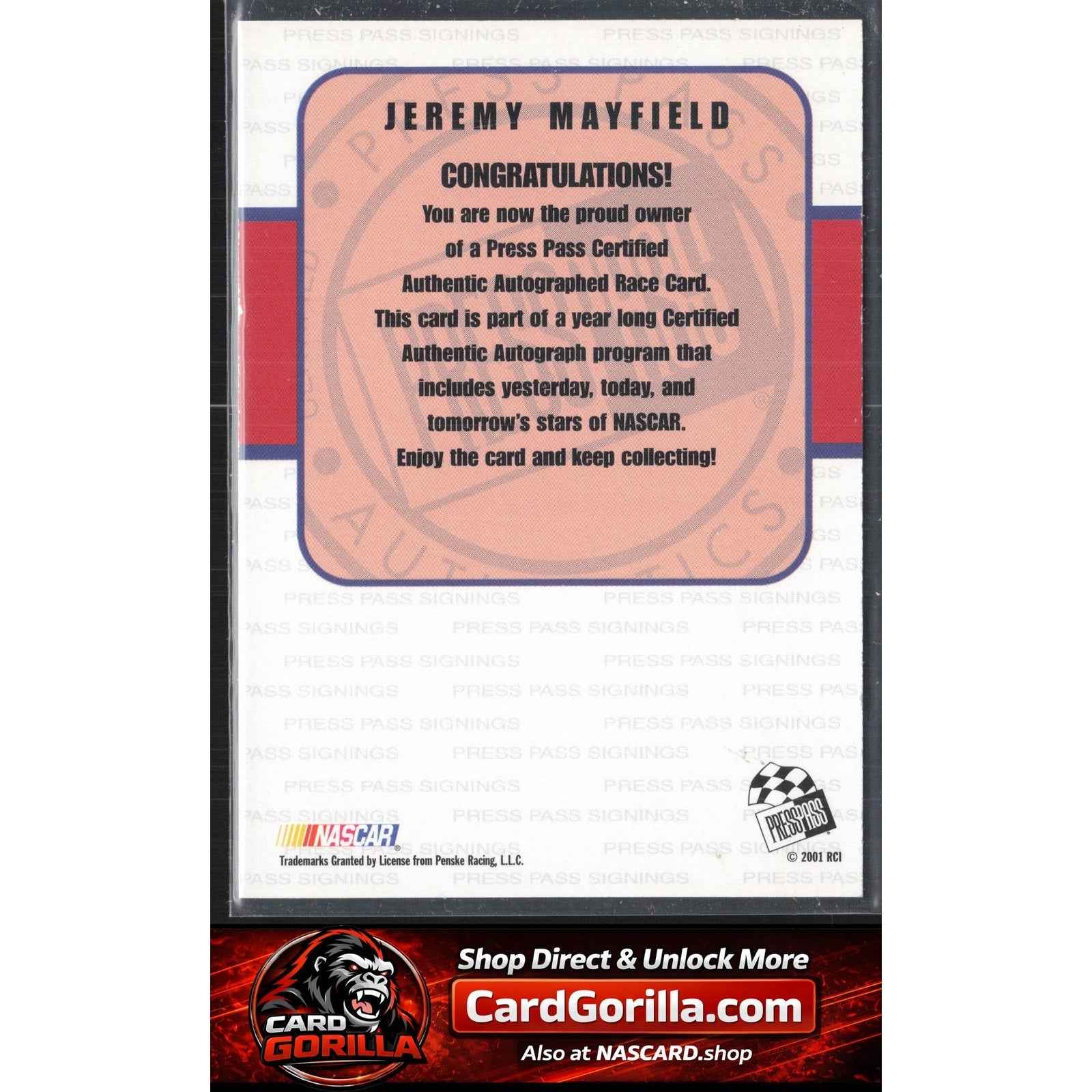 2001 Press Pass #NNO Jeremy Mayfield Signings Gold #/50