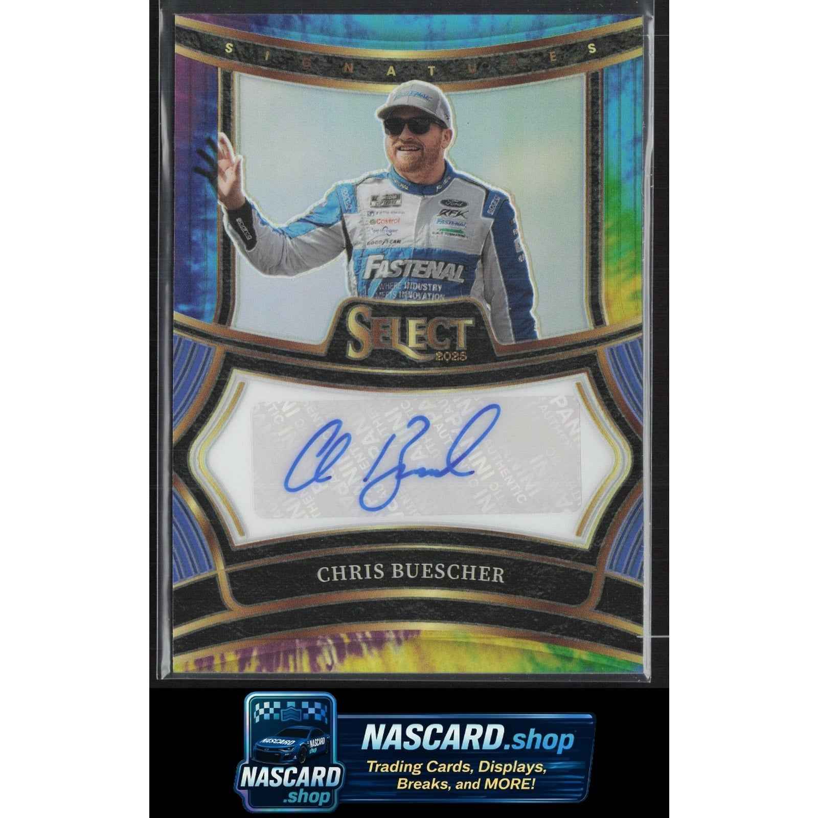 2025 Panini Select #S-CBR Chris Buescher Signatures Tie-Dye Prizms #/25