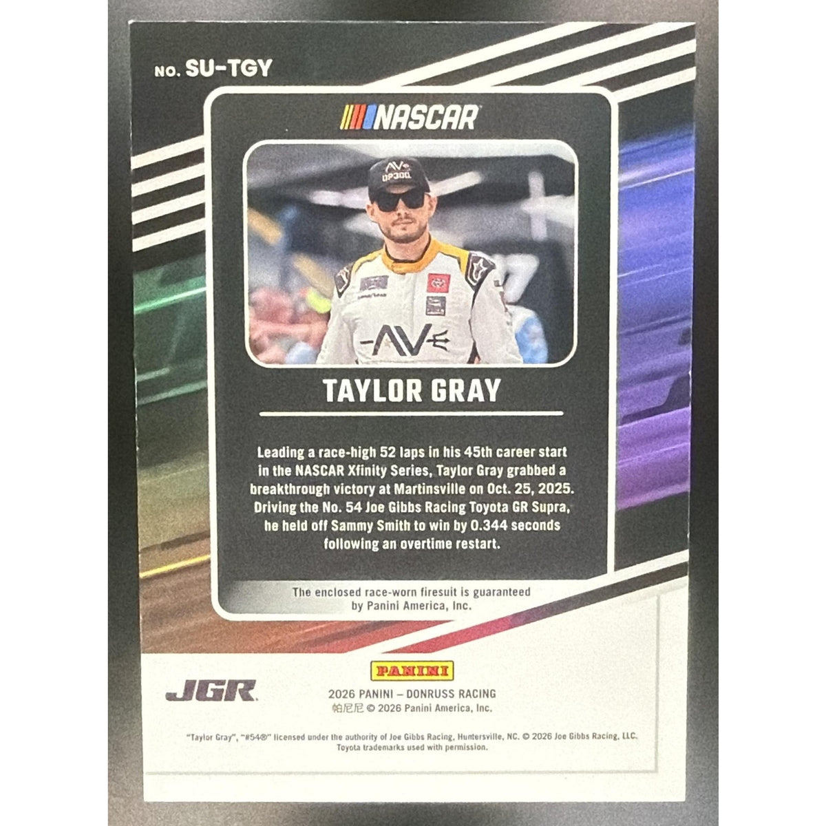 2026 Panini Donruss NASCAR Racing Taylor Gray #18 Suited Up Swatches Gold /10