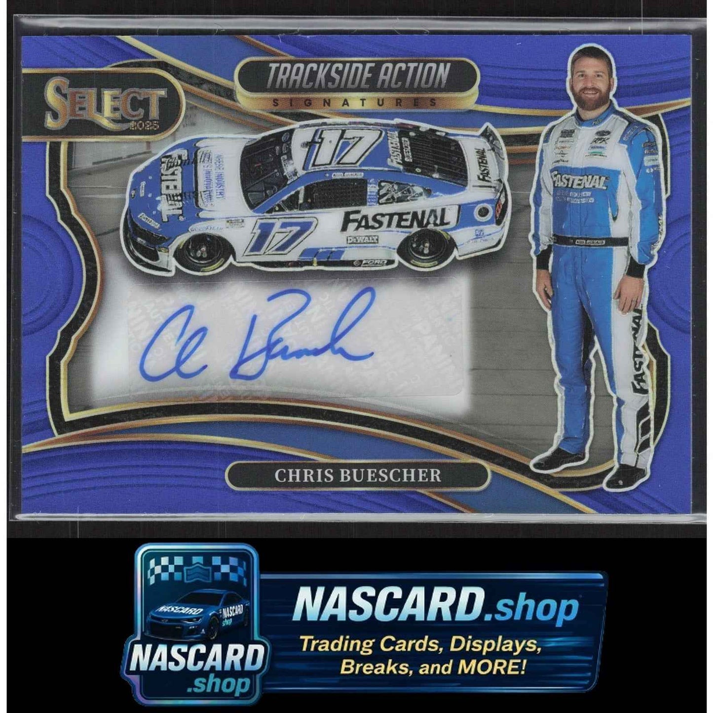 2025 Panini Select Chris Buescher Trackside Action Signatures Blue Prizms #/99