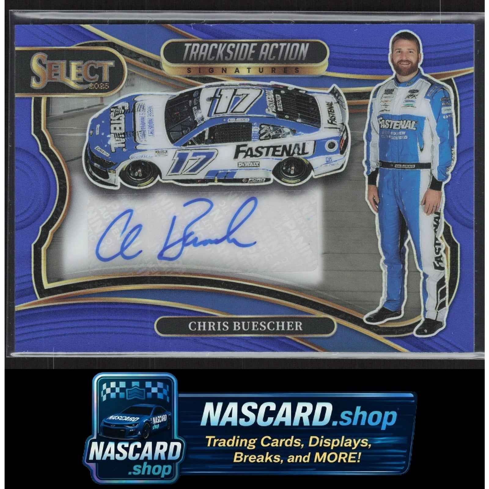 2025 Panini Select Chris Buescher Trackside Action Signatures Blue Prizms #/99