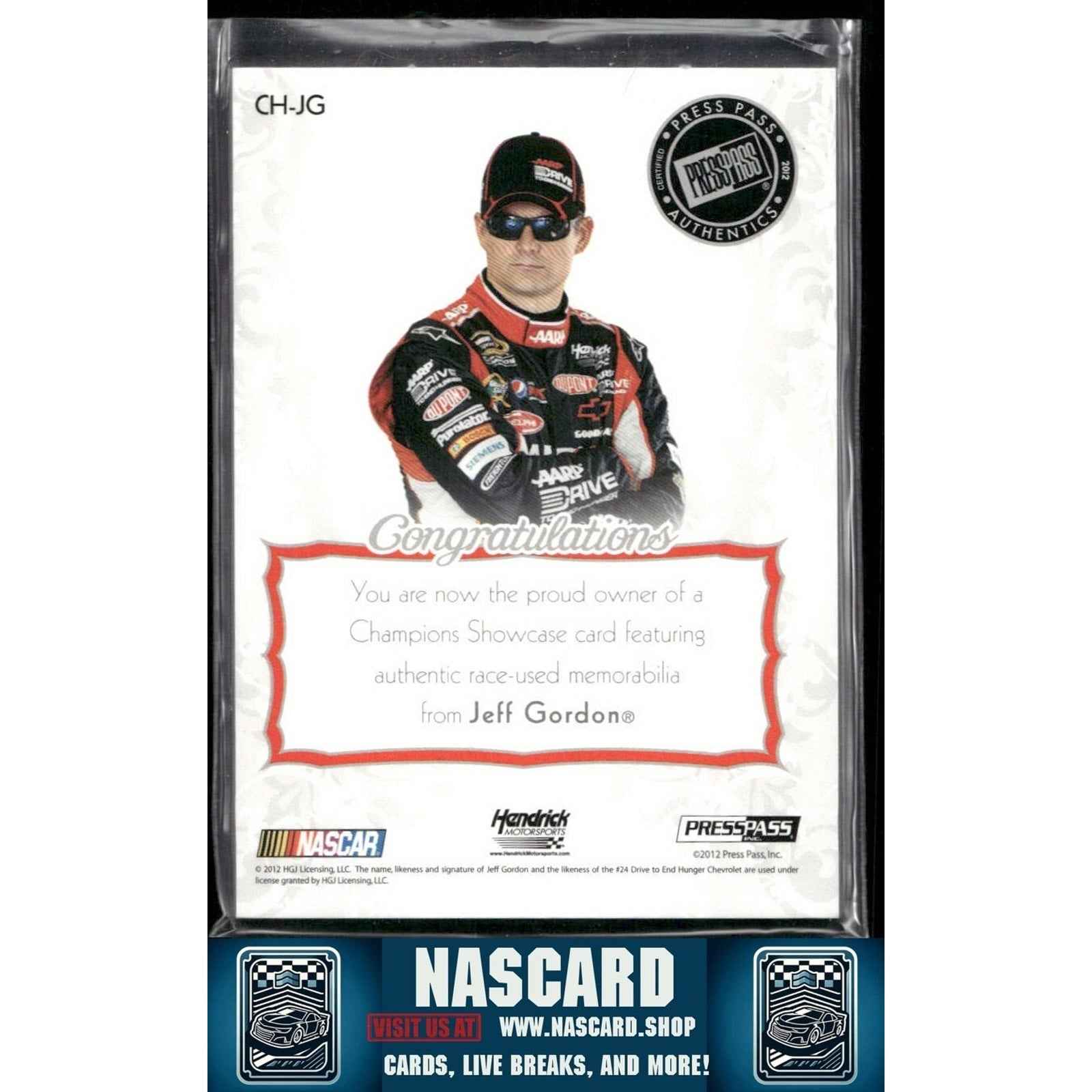 2012 Press Pass Showcase Champions Showcase Jeff Gordon Holo Gold Firesuit /50 - Card Gorilla