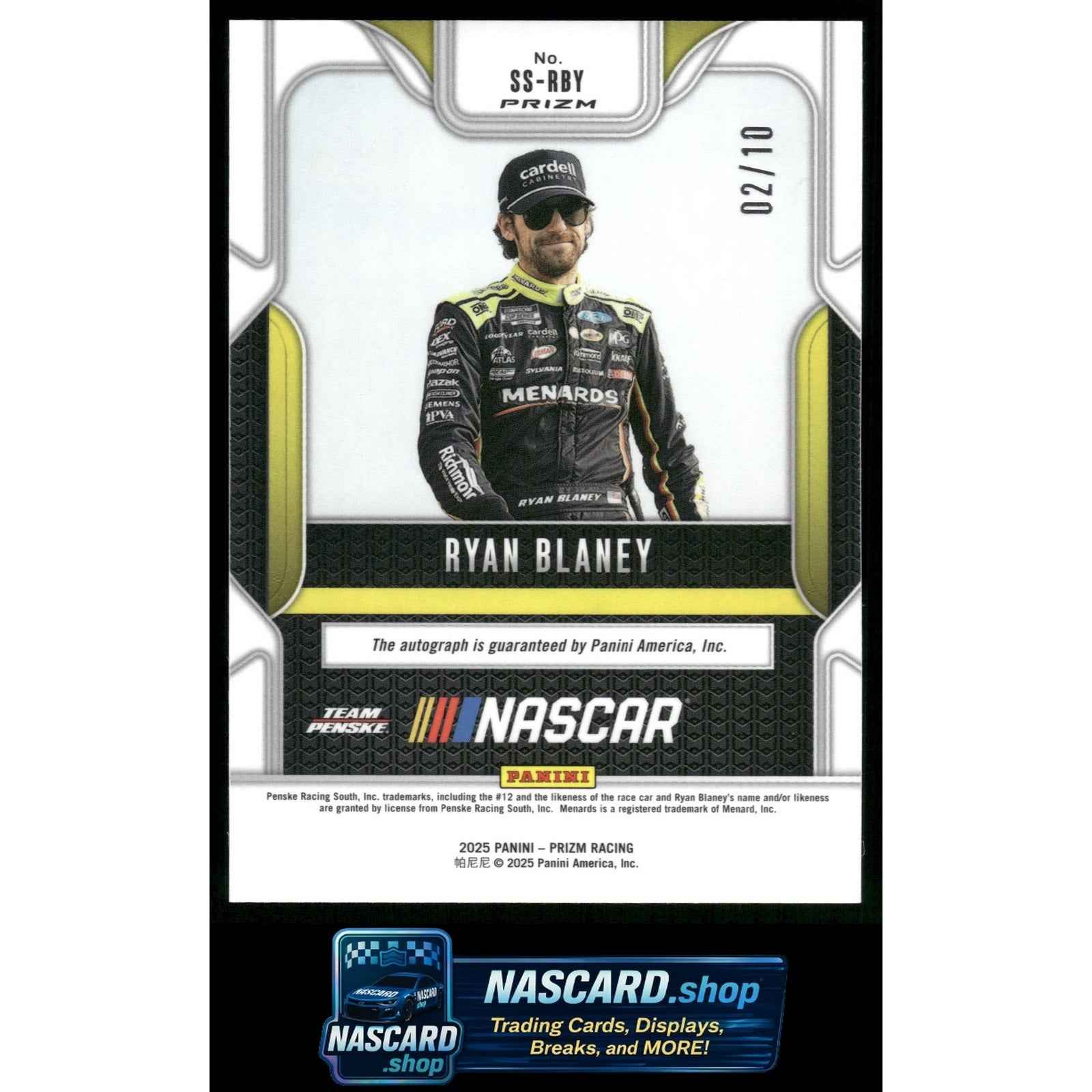 2025 Panini Prizm #SS-RBY Ryan Blaney Sensational Signatures Gold #/10