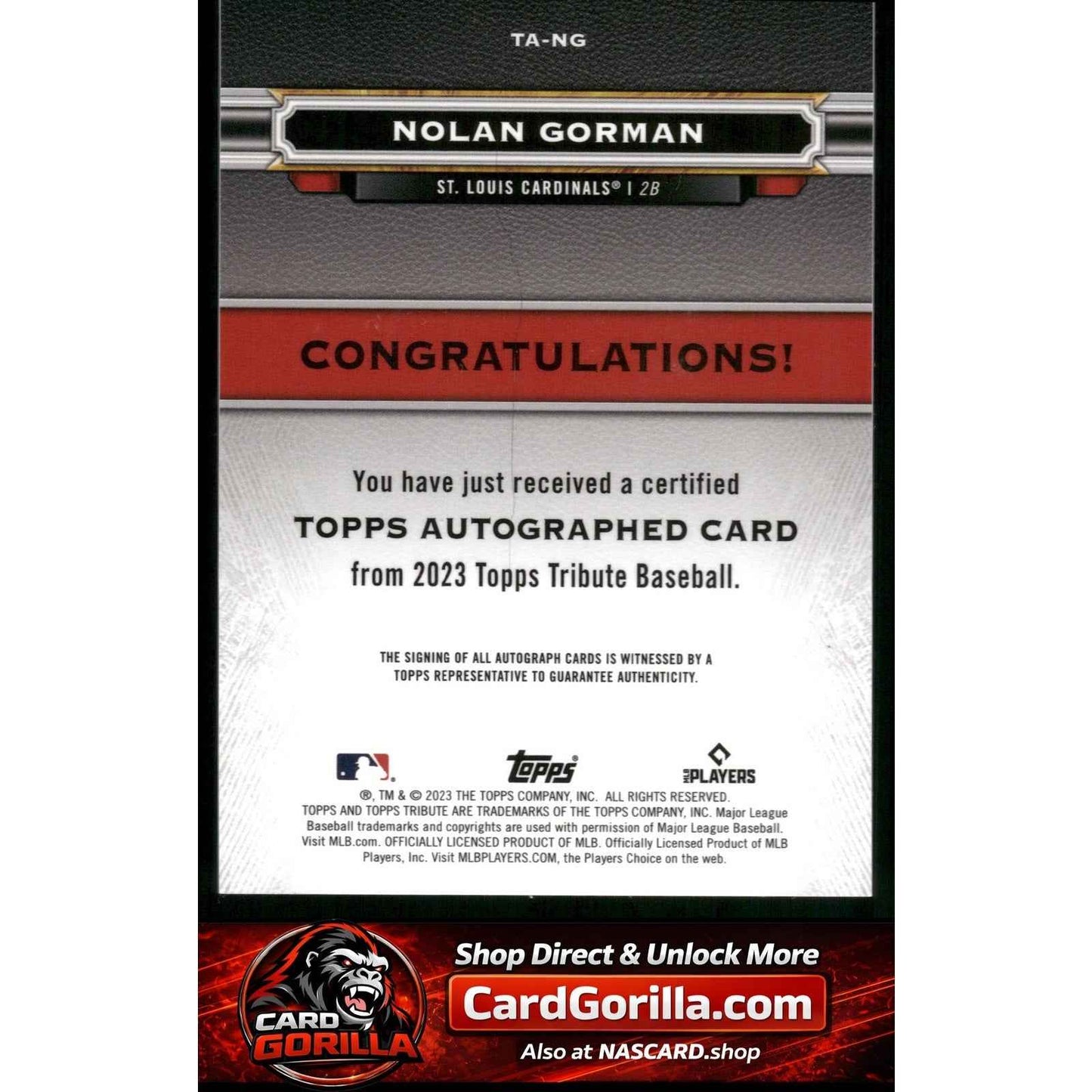2023 Topps Tribute #TA-NG Nolan Gorman Tribute Autographs Gold RC #/75