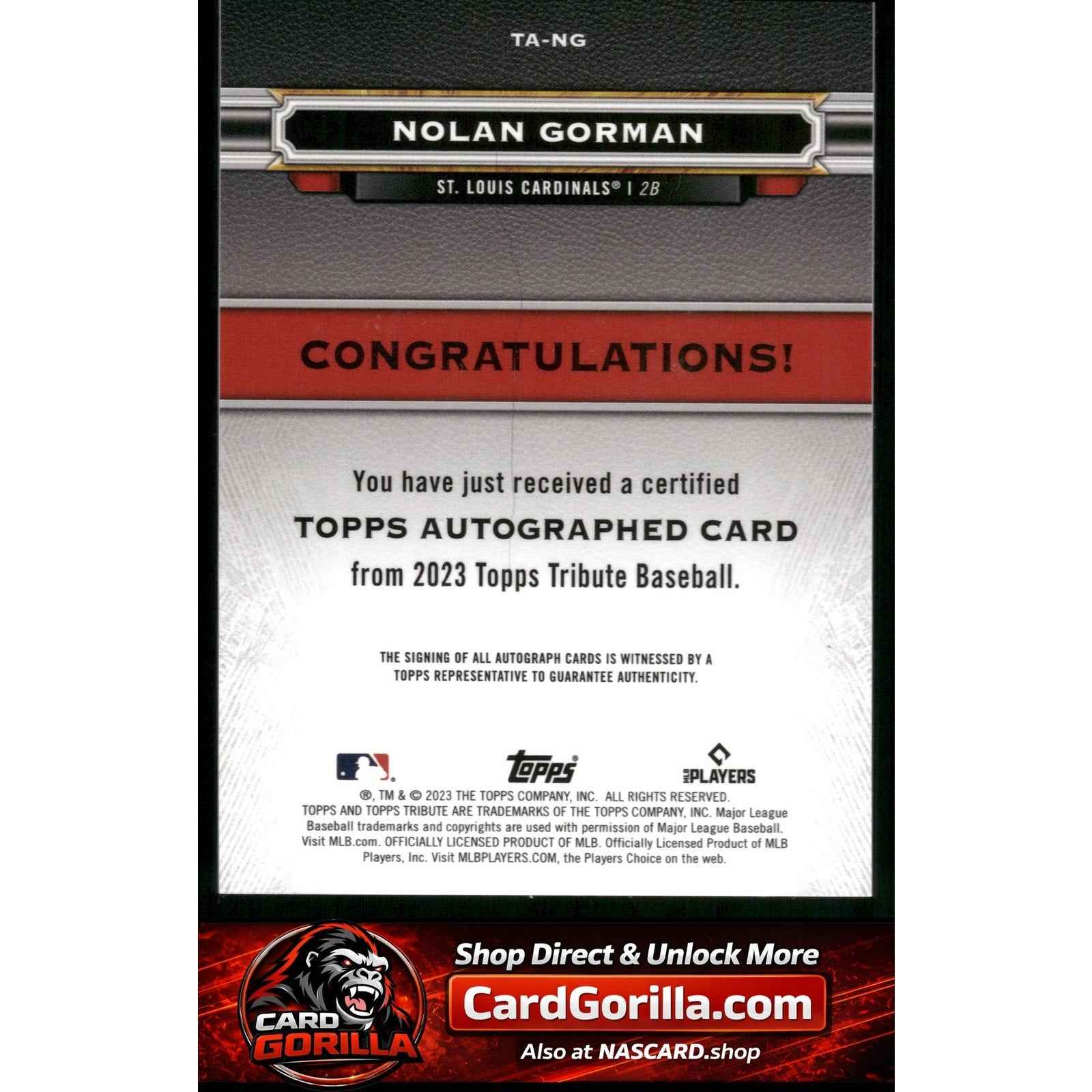2023 Topps Tribute #TA-NG Nolan Gorman Tribute Autographs Gold RC #/75