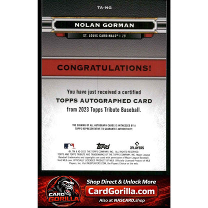 2023 Topps Tribute #TA-NG Nolan Gorman Tribute Autographs Gold RC #/75