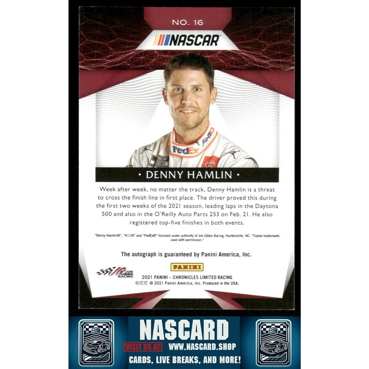 2021 Panini Chronicles - Limited Denny Hamlin #16 Gold Autographs /10 (AU) - NASCARD.shop