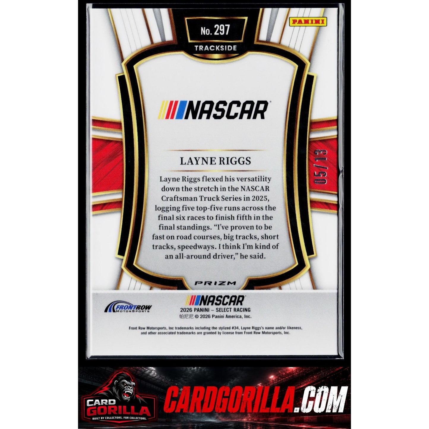 2026 Panini Select Racing #297 Layne Riggs Trackside Gold Power Plaid #/13
