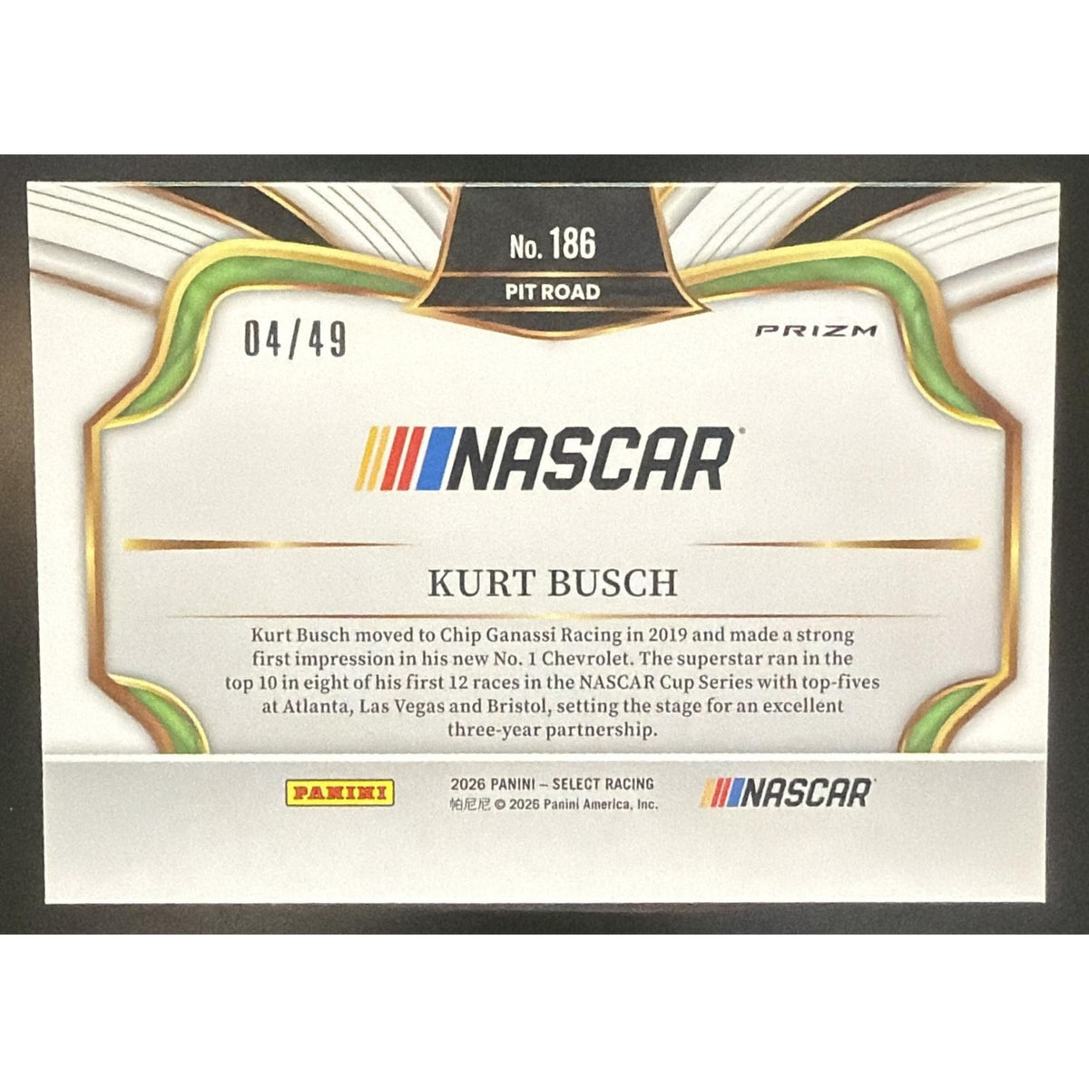 2026 Panini Select NASCAR Kurt Busch #186 Set - Pit Road Orange Prizms 4/49
