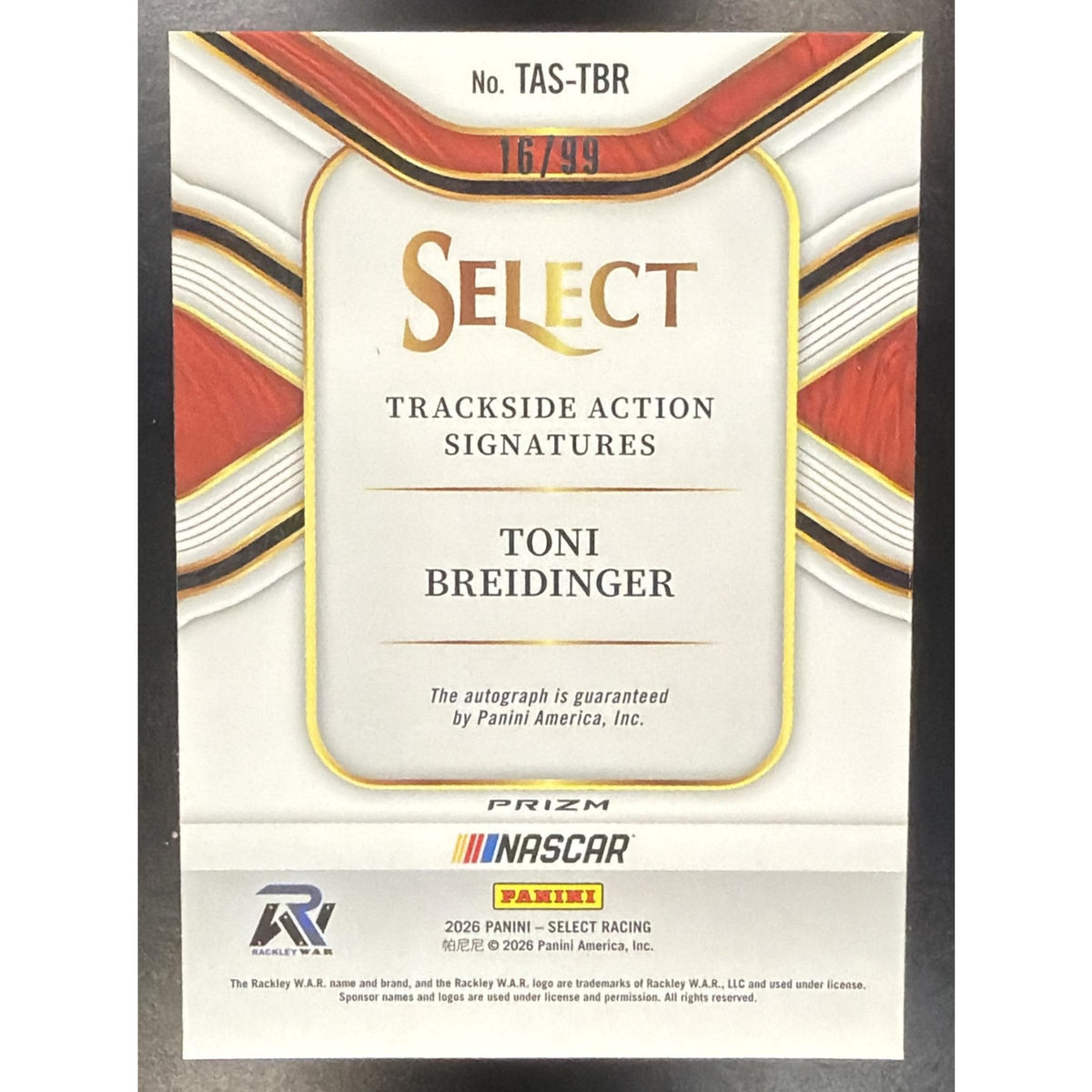 2026 Select NASCAR Toni Breidinger Trackside Action Signatures Blue Prizms /99