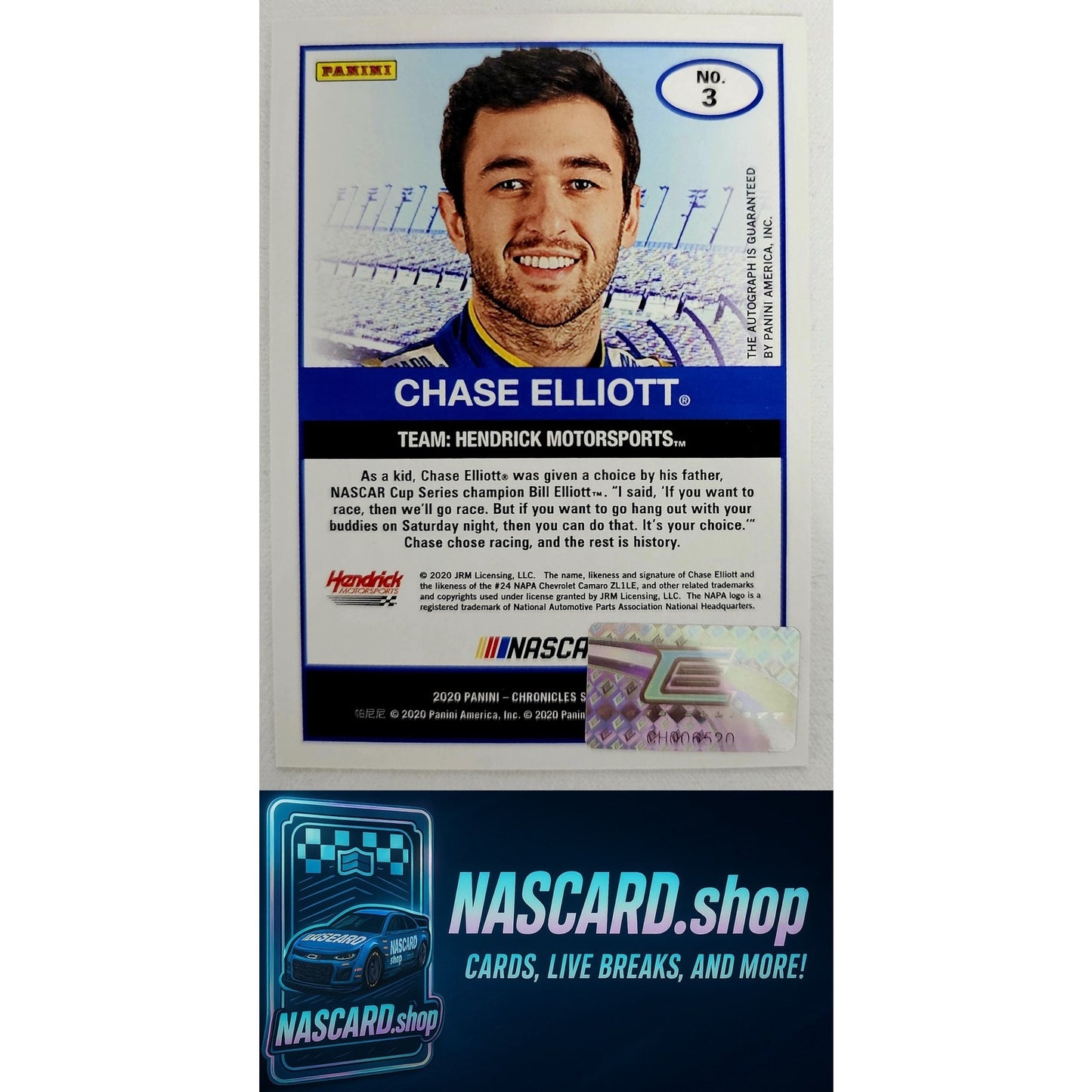 2020 Panini Chronicles #3 Chase Elliott Score Autographs Gold #/5 - Card Gorilla