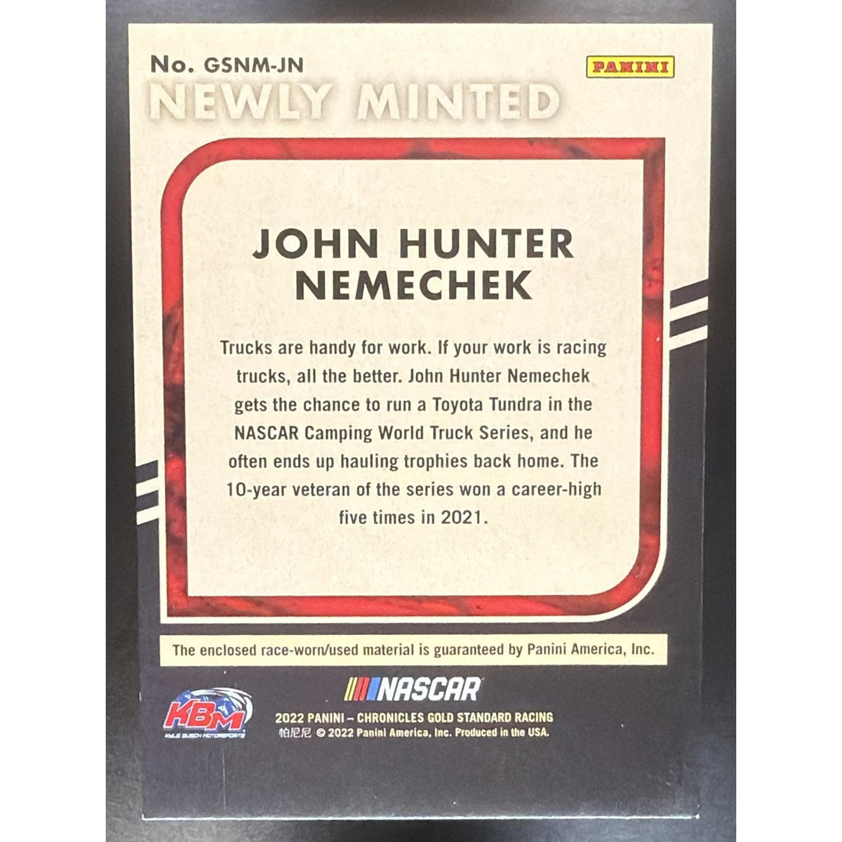 2022 Chronicles John Hunter Nemechek Gold Standard Newly Minted Memorabilia