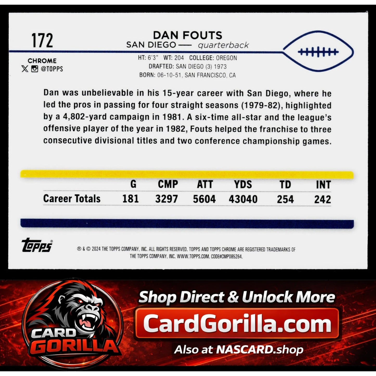 2024 Topps Chrome #172 Dan Fouts Purple Speckle Refractor #/275