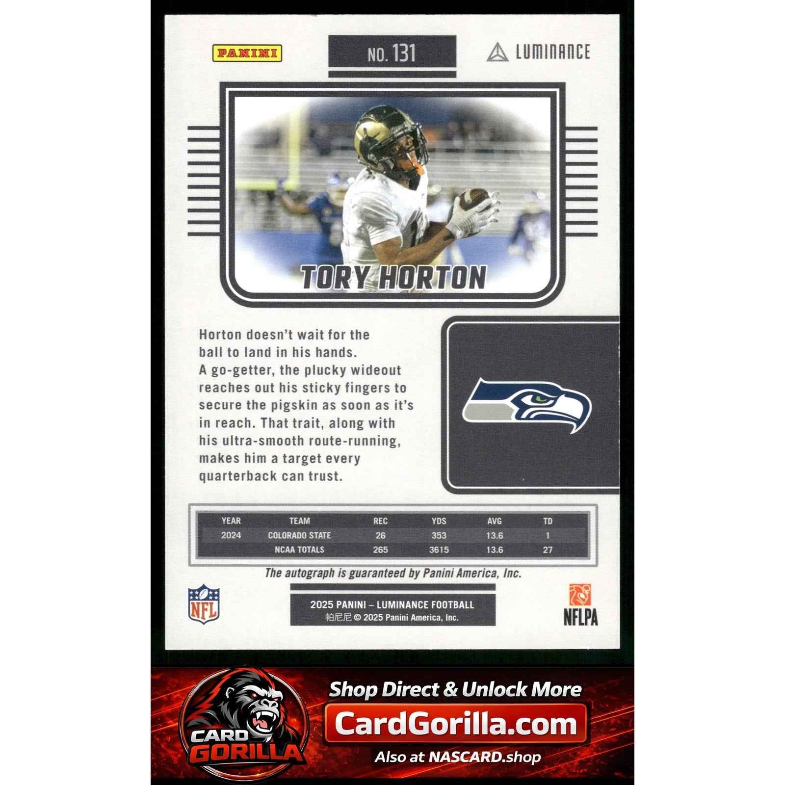 2025 Panini Luminance #131 Tory Horton Base Luminance Blue Auto RC #/50