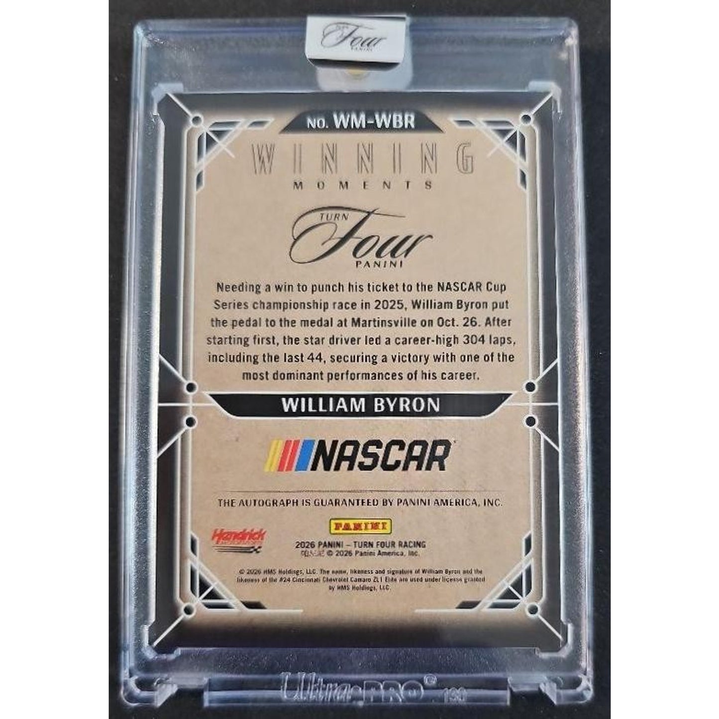 2026 Panini Turn Four Racing William Byron #20 Winning Moments Red /15 Auto