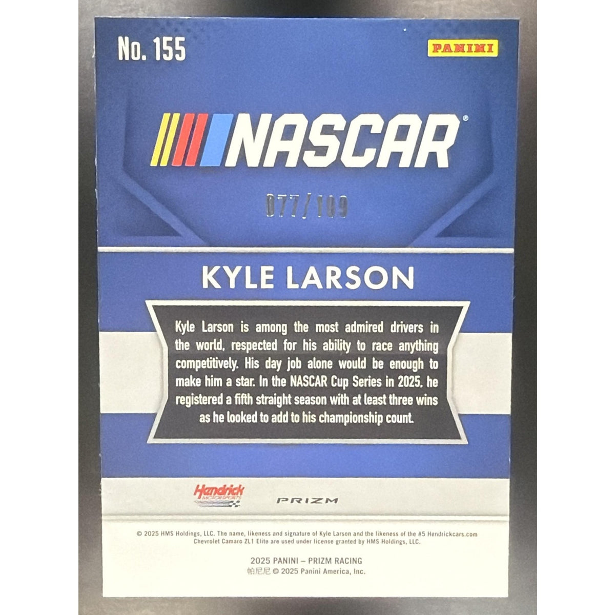 2025 Panini Prizm NASCAR Kyle Larson #155 Throwback Red Pulsar Prizms 91/199