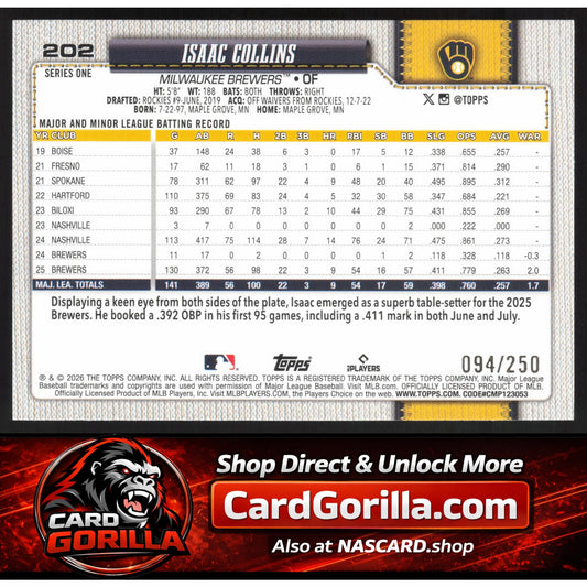 2026 Topps #202 Isaac Collins Purple Holo Foil #/250