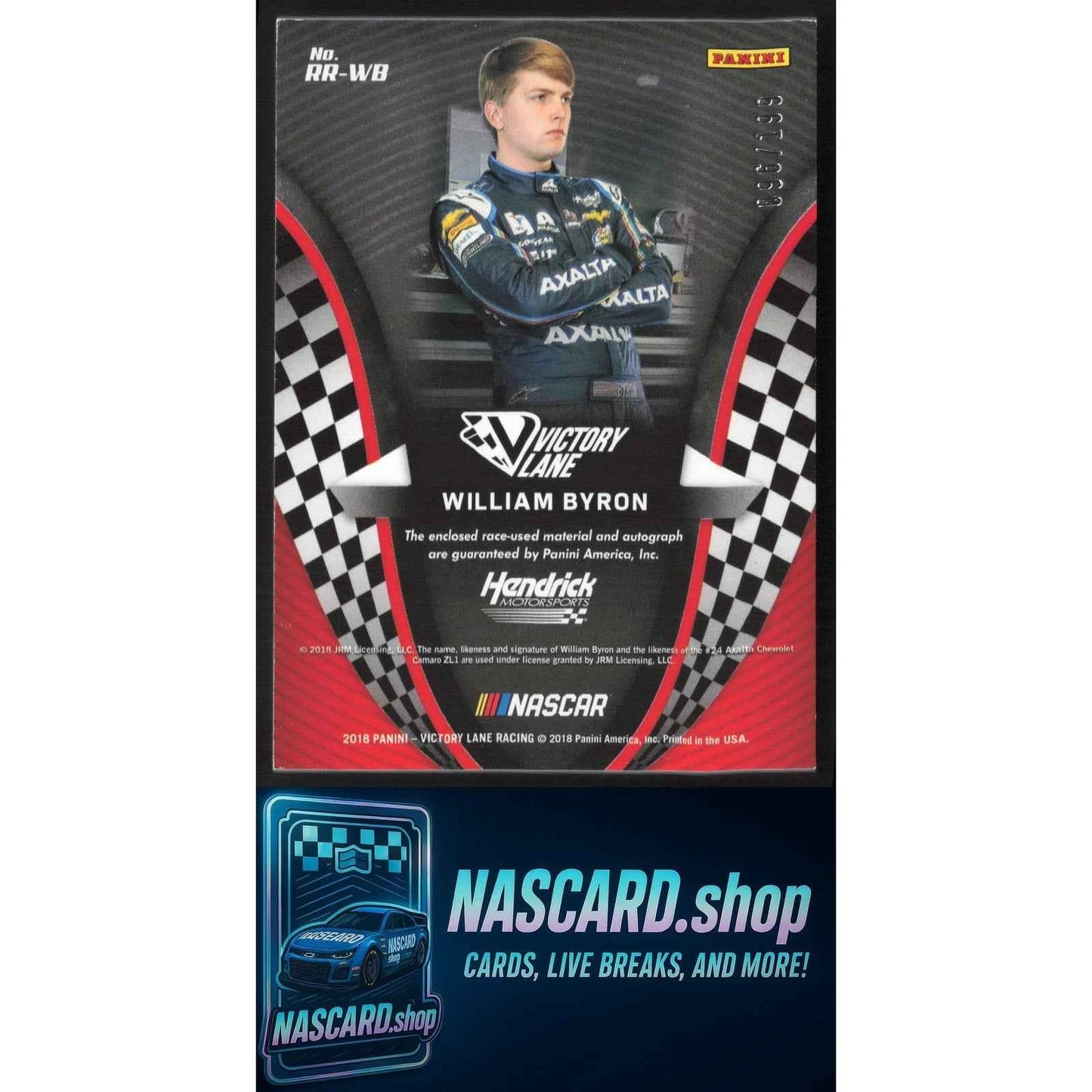 2018 Panini Victory Lane #RR-WB William Byron Remarkable Remnants Gold #/199