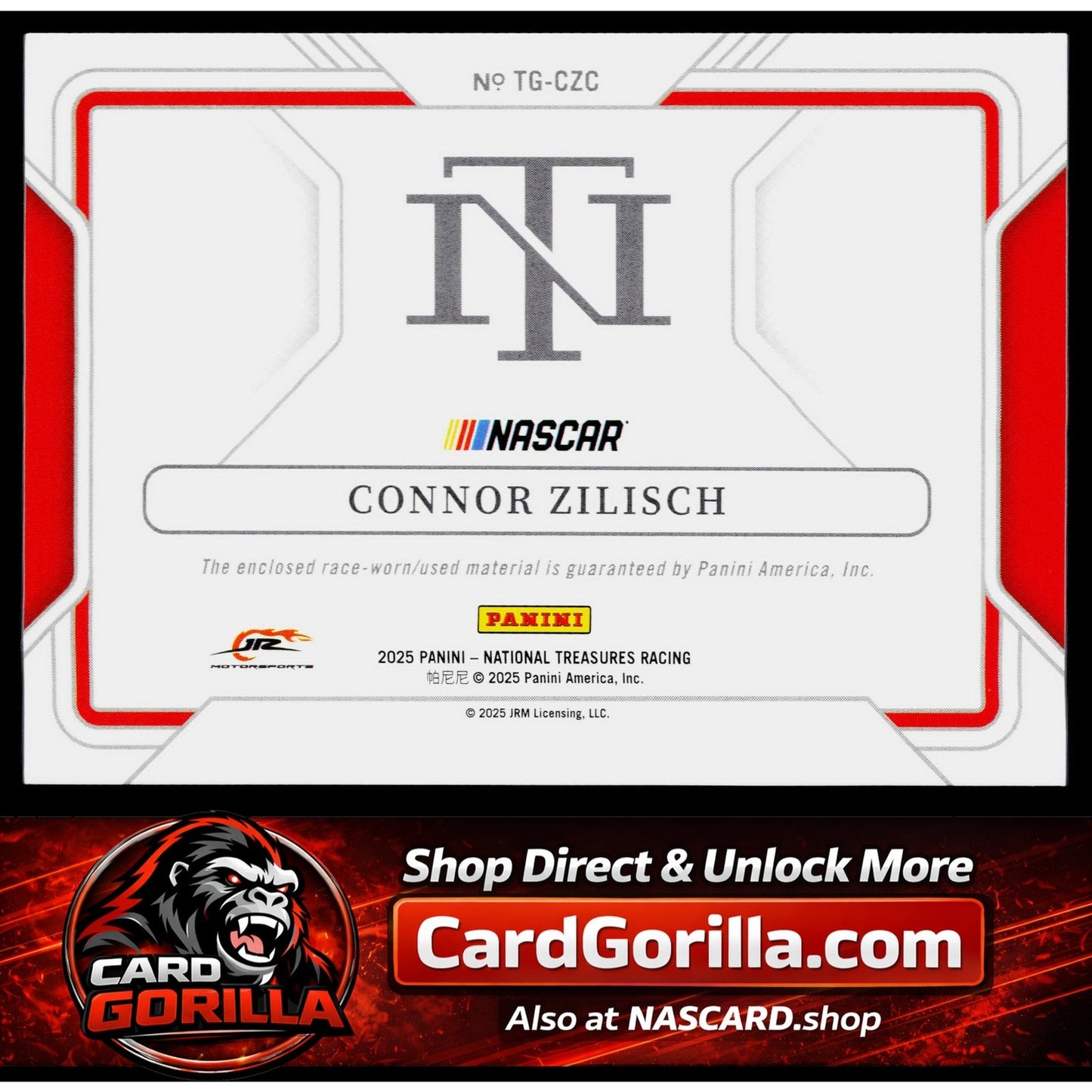 2025 Panini National Treasures #TG-CZC Connor Zilisch Track Gear Blue #/75