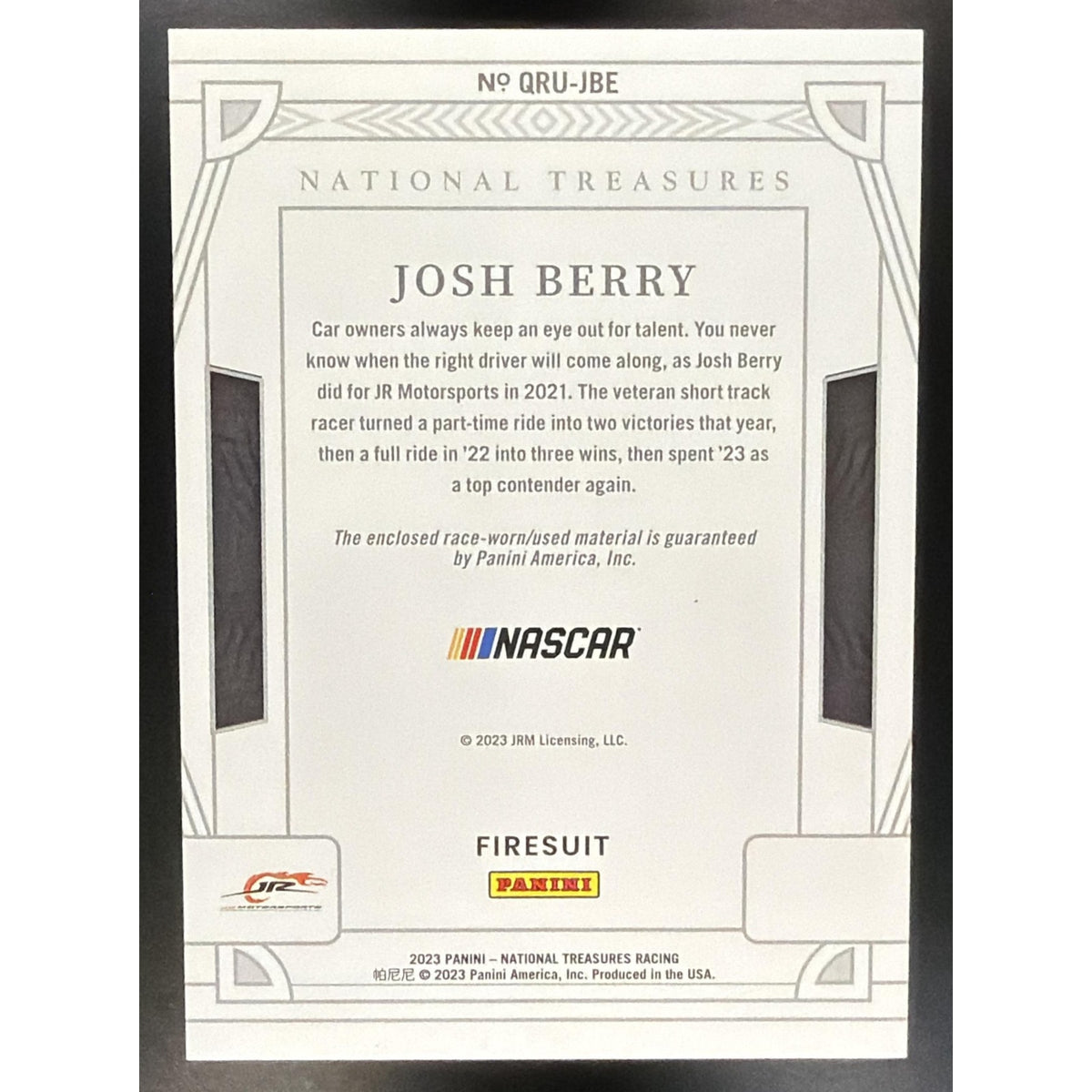 2023 Panini National Treasures Josh Berry Quad Race Used Firesuits Prime /10