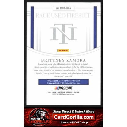 2024 Panini National Treasures Brittney Zamora Race Used Firesuit Blue #/75
