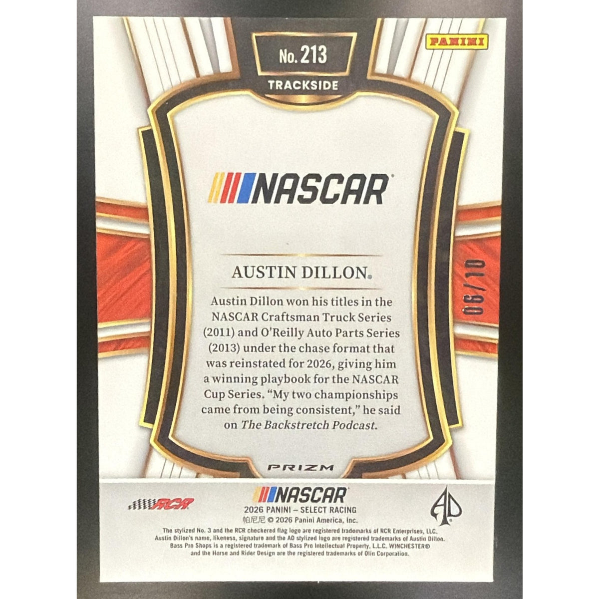 2026 Panini Select NASCAR Austin Dillon #213 Set - Trackside Gold Prizms 6/10