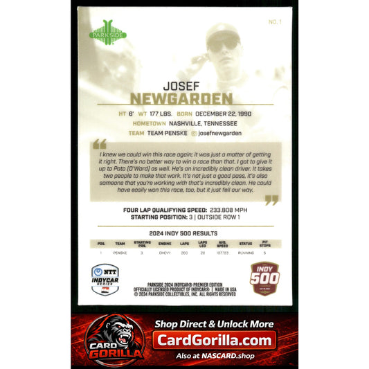 2024 Parkside Indy 500 Pacific #1 Josef Newgarden Green #/49