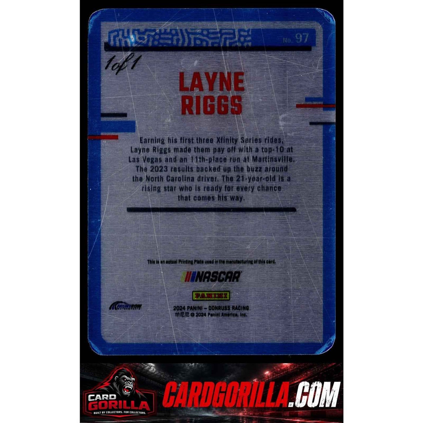 2024 Donruss #97 Layne Riggs Rated Rookie Printing Plate Black #1/1