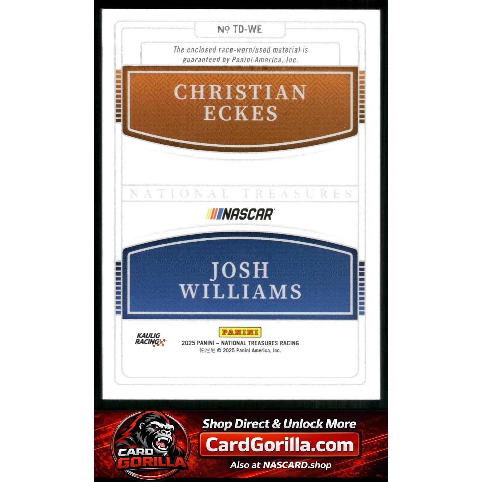 2025 Panini National Treasures Christian Eckes/Josh Williams Team Duals #/75