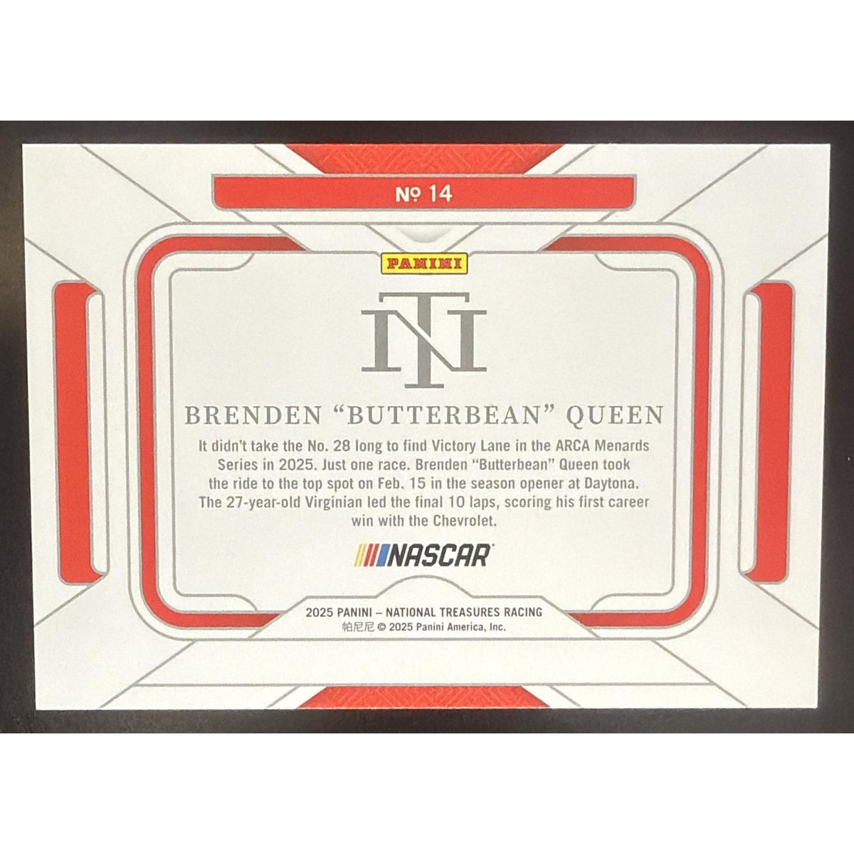 2025 Panini National Treasures Brenden Butterbean Queen #14 Rides 12/35 RC